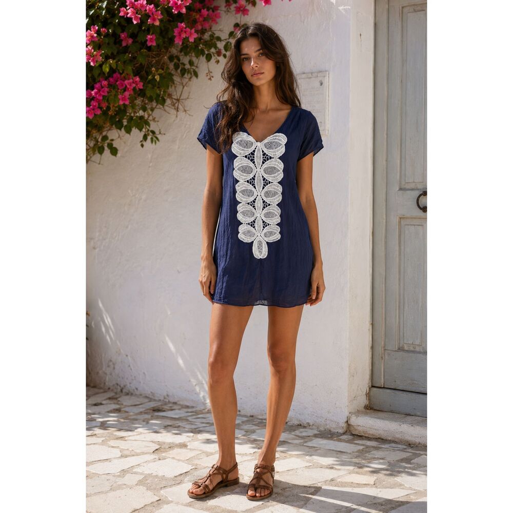Solemio Silk Cotton Tunic Dress Hand Beaded Lace Applique Boho Made In USA S